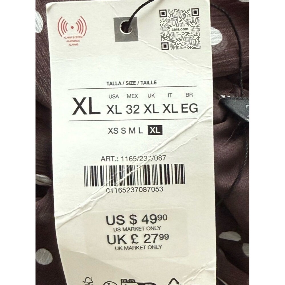 ZARA Long Sleeve Brown Polka Dot Bow Neck Flowy Blouse Lined Top. XL. NEW. - Picture 7 of 10